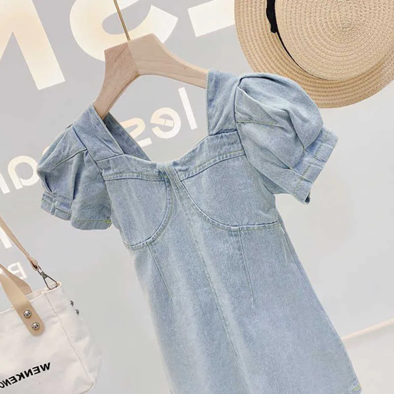 Sommar EuropeanAmerican Fashion Girls Middle School Barn Bubble Sleeve Denim Princess Dress Toddler Baby Kids Girl Clothing 210625