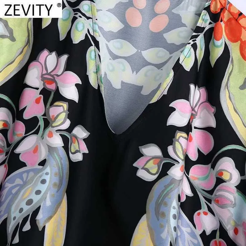 Zevity Women Vintage v الرقبة الموضع الأزهار طباعة فضفاضة Midi فستان أنثى أنيقة Batwing Side Side Split Kimono Vestidos DS8267 210603
