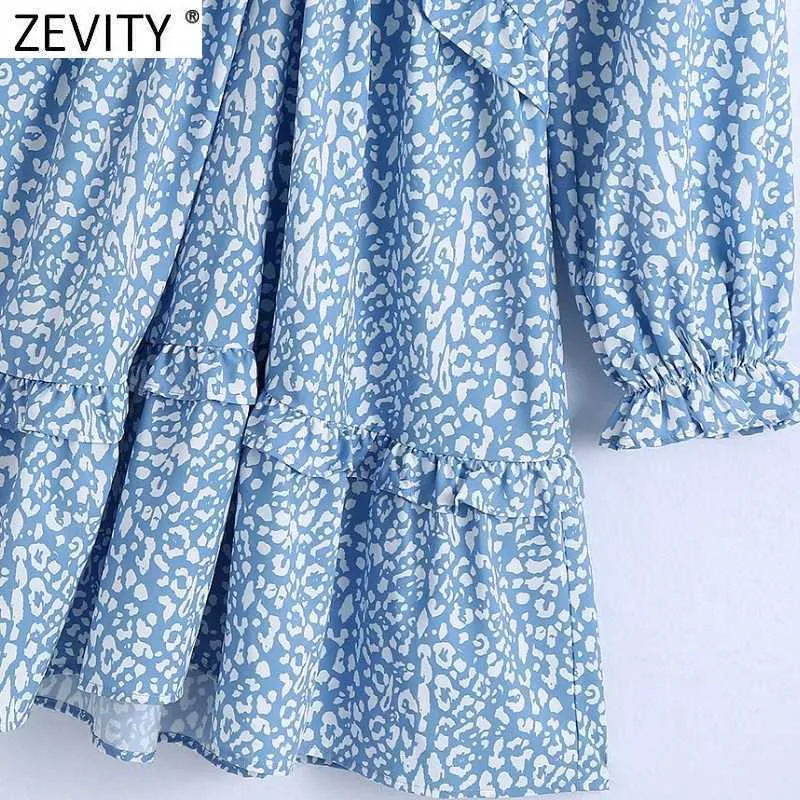 Zeefity Dames Sexy Diepe V-hals Luipaard Print Agarische Kant Mini Jurk Vrouwelijke Chic Back Hole Casual Slanke Ruches Vestidos DS8199 210603