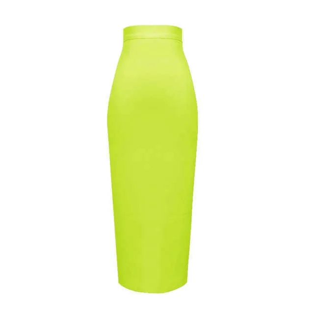 Kobiety Cukierki Kolor Sexy Neon Green Różowy Pomarańczowy Żółty Różowy Midi Długość Kanone Bandaż Spódnica Designer Ołówek Spódnica Faldas 78cm 210721