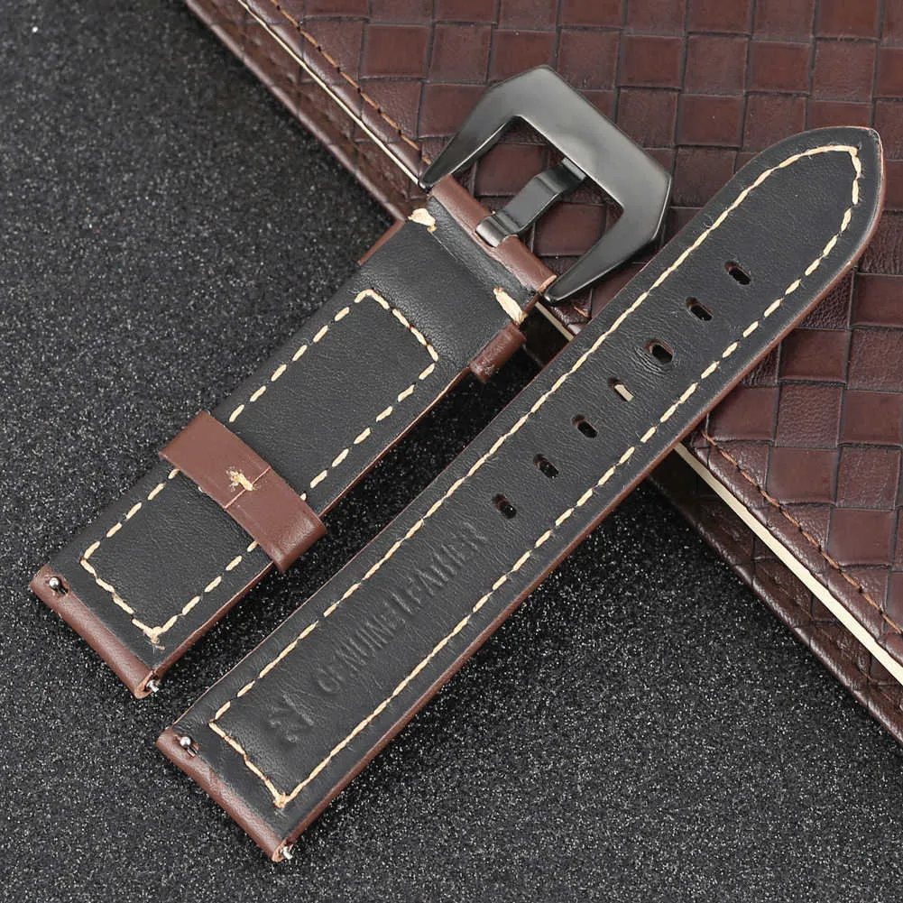 Men Brown Watch Band 20mm 22mm 24mm 26mm Genuine Leather Watches Strap Black Pin Buckle Wristwatch Accessories Replacement Belt H0915