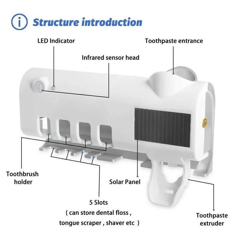 Zonne-energie UV-tandenborstelhouder Muur Sterilisator USB Lading Automatische tandpasta Dispenser Squeezers Badkamer Toegang 210709