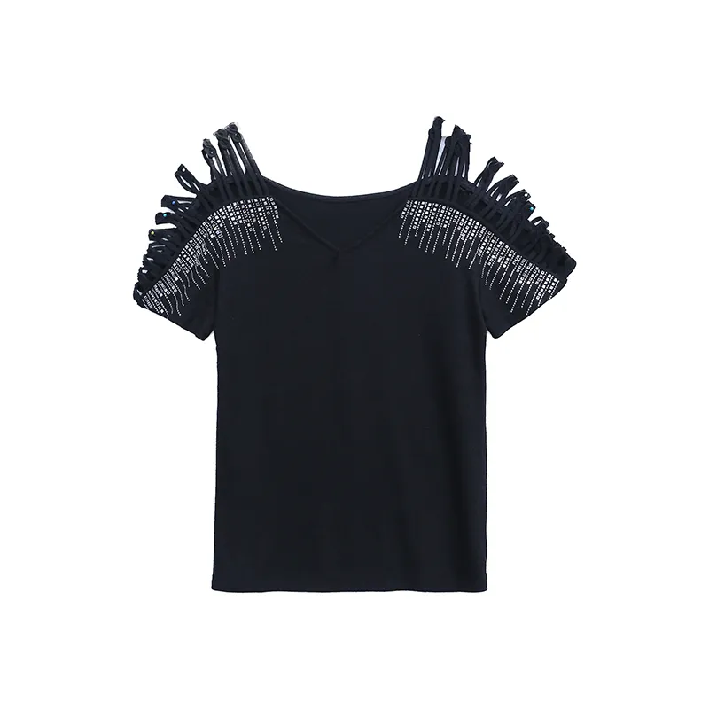 Dames Zomer T-shirt Strapless Half-mouwen Koreaanse Sexy Diamant Mode Korte Mouwen Wilde Tees Vrouwelijke Tops PL005 210506