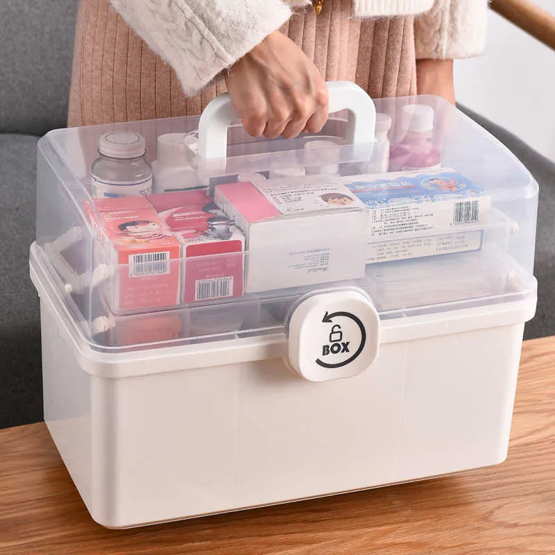3/2-lagige tragbare Erste-Hilfe-Set-Aufbewahrungsbox aus Kunststoff, multifunktionaler Familiennotfall mit Griff 210922