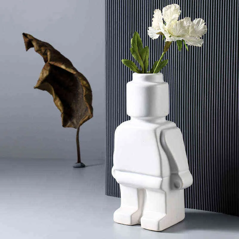 Vase à fleurs artificielles, décoration de salle de maison, décoration de Table, ornements en céramique blanche, Figurines de robot sculptées, Style moderne européen 211258C