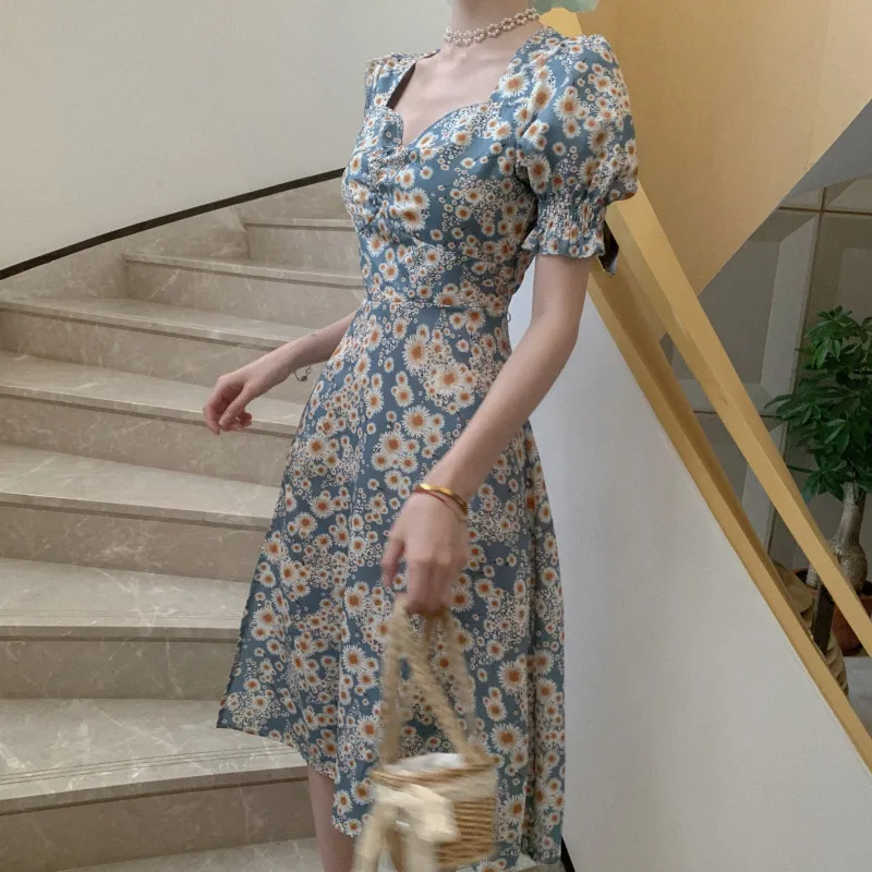 Korean Chic Vintage Daisy Print Dress Women Puff Sleeve Sundress Robe Femme High Waist A-line Summer Party Vestidos 210514