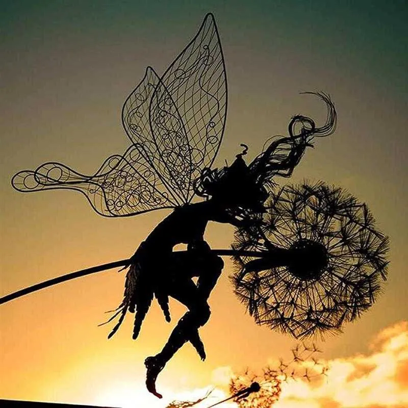 Garden Decorative Stake Fairies And Dandelions Dance Together Metal Garden Yard Art Decor Lawn Landscape Sculpture Drop Q09212306