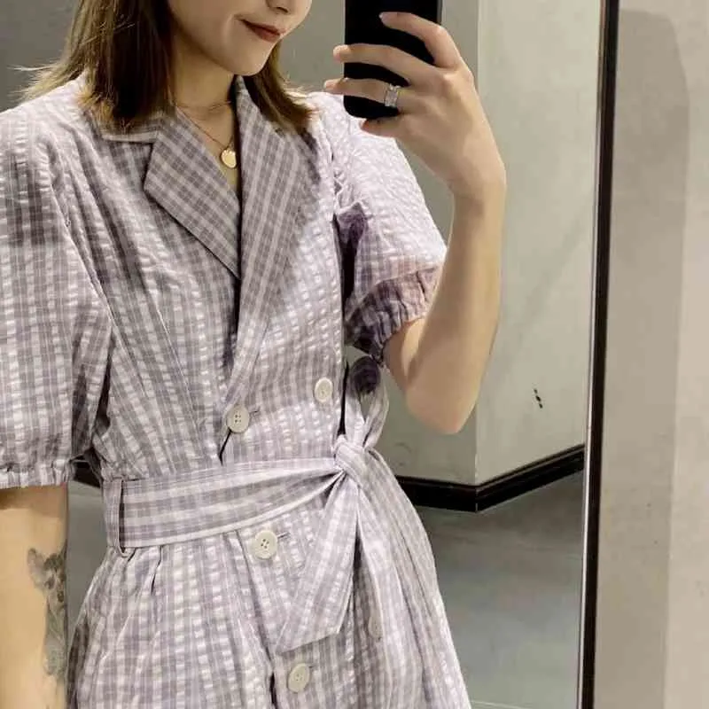 Japan stil puff ärm vintage klänning temperament spets upp plaid klänningar kvinnor sommar lila mini vestidos mujer 210514