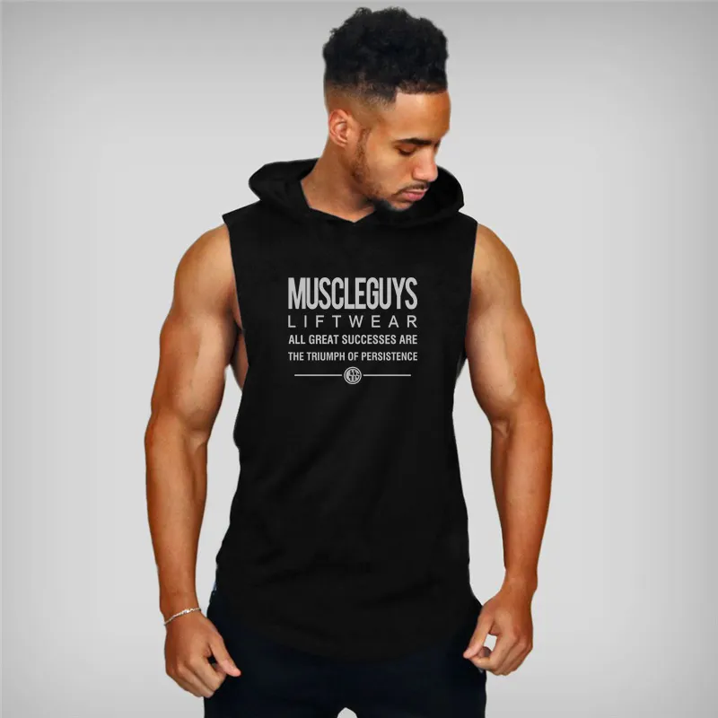 Muscleguys Liftwear Sleeveless Shirt with hoody Brand Gyms Clothing Fitness Men Bodybuilding stringers tank tops singlets 210421