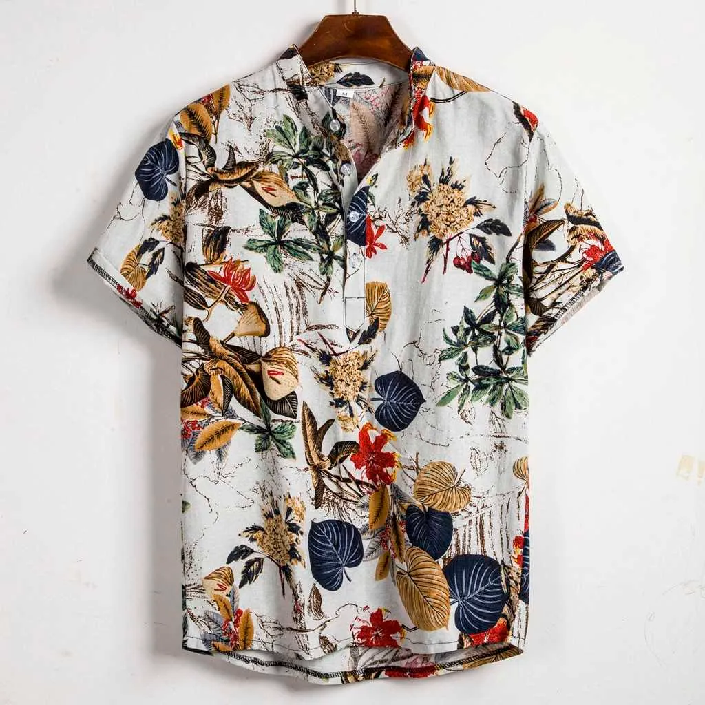 Kancoold sommar man skjorta mens etniska tryckta stativ krage bomull linne kortärmad loose hawaiian henley shirt hawaiian shirt x0621