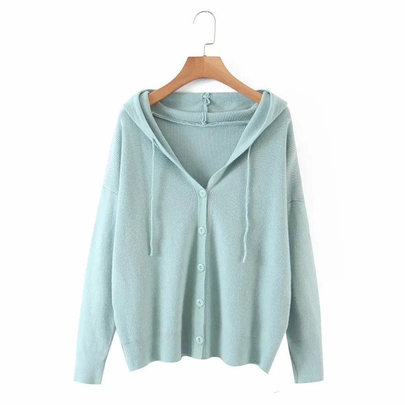 Casual Woman Oversized Solid Färg Hooded Cardigan Fashion Ladies Single Breasted Knitwear Kvinna Sweet Loose Hoodies 210515