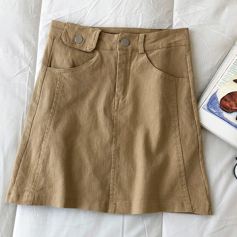 Kimutomo Falda de mezclilla sólida Mujer Verano Coreano Hong Kong Viento Ins Bolsillos de cintura alta A-Line Mini falda Casual 210521