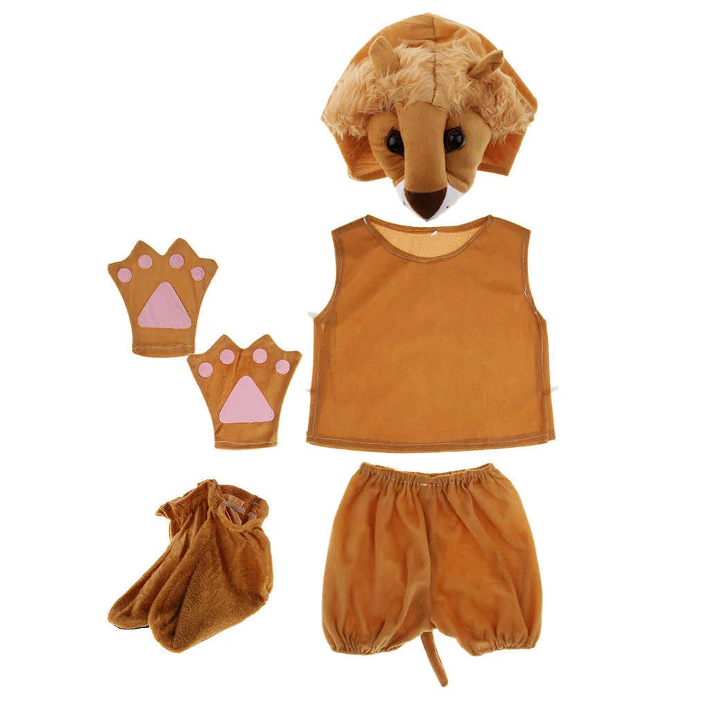 Kids Zoo Animal Costume Set Lion Hat Top Shorts Gloves Shoes Party Halloween Boys Girls Cosplay Costumes Brown Fabric Clothing Q0910