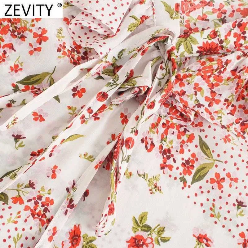 Zevity Women Sweet Dots Patchwork Floral Print Casual Smock Bluzka Ladies V Neck Pleat Ruffles Femininas Koszulki Chic Topy LS9311 210603