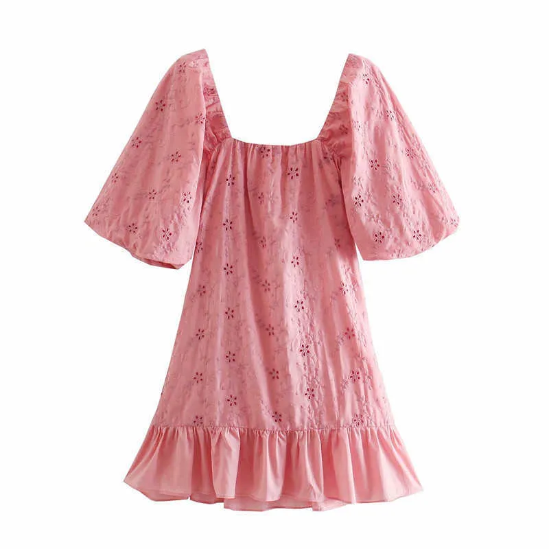 Mulheres Verão Bordado ZA Vestido Vintage Buff Buff Manga Openwork Mini Rosa Vestidos Mulher Chic Elástica Bordado Vestido 210602