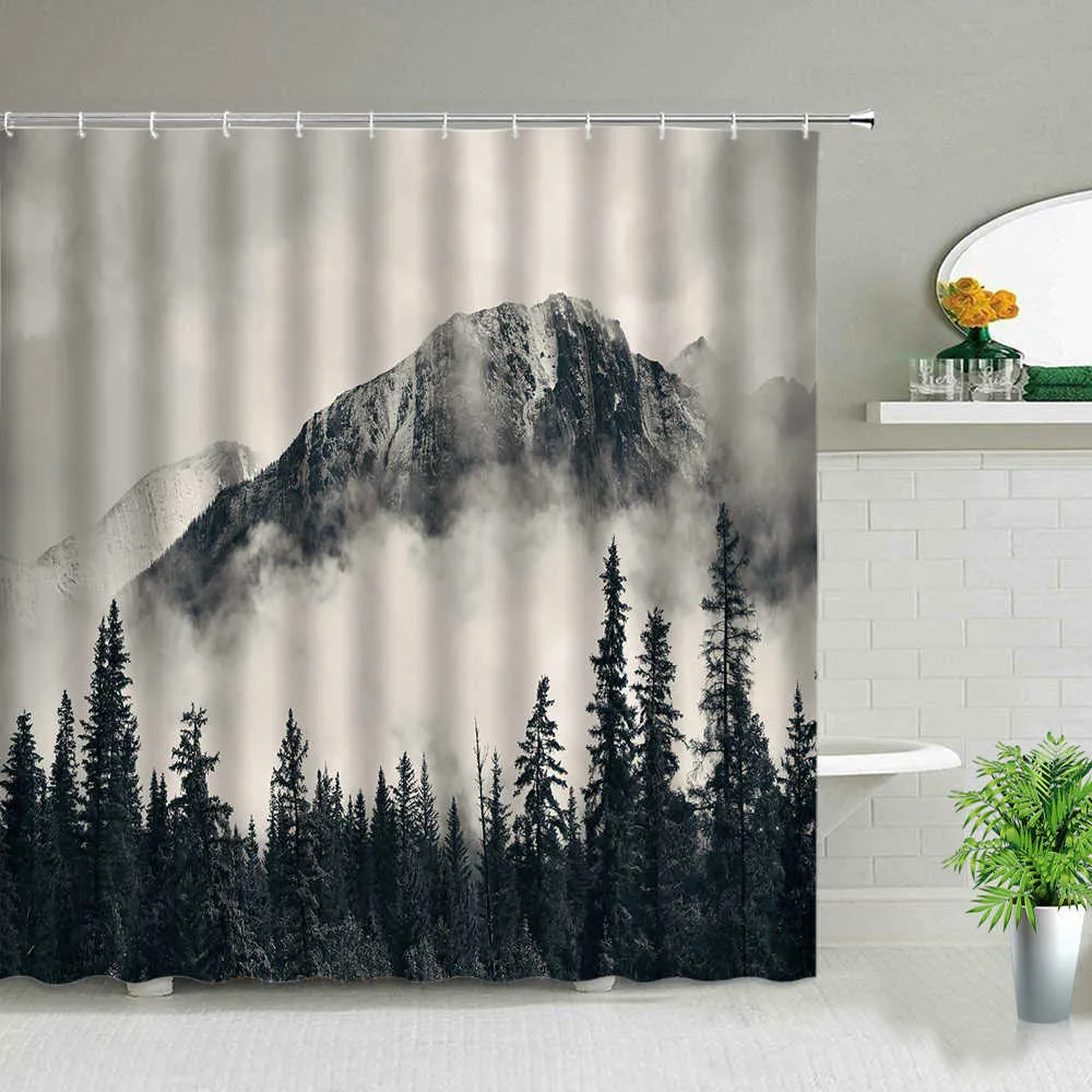 Paysage forestier Tigre Cascade Animal Montagne Rideaux de douche Arbre Plante Paysage Baignoire Décor Salle de bain Rideau Ensemble avec crochet 210915