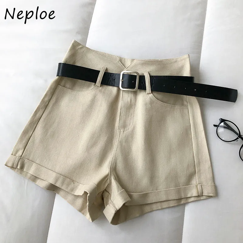 NEPLOE High Waist Hip Proste Szorty Feminino Letnie Cukierki Kolor Causal Spodenki Kobiet Kieszonkowy Luźny Z Sashes 210510