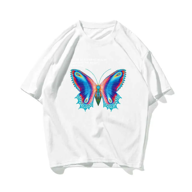 Camiseta de gran tamaño de Hip Hop para hombre, ropa de calle, camiseta de mariposa de Color Harajuku, camiseta holgada de algodón de manga corta de Hip Hop de talla grande 210603