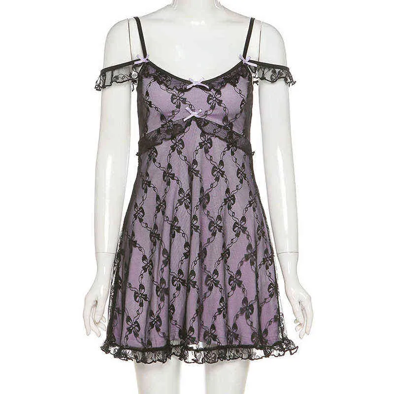 Pastel Goth Lace Trim Robe courte Été E-Girl Esthétique Col en V Straped Robes A-Line Y2K Streetwear Violet 211029