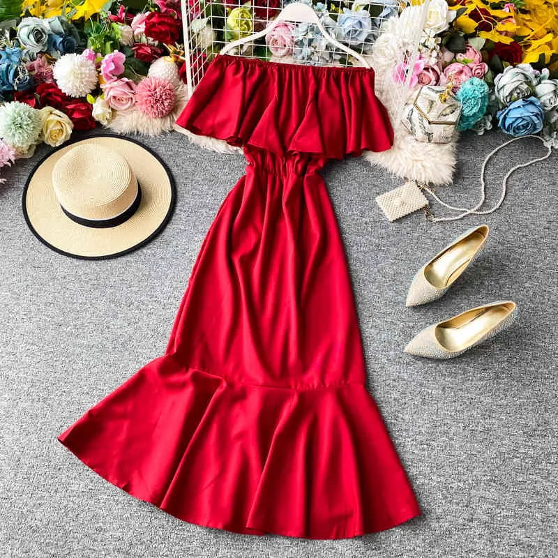 Korobov Summer Bohemian Beach Dress Slash Neck Off Shoulder Ruffles Vintage Dresses High Waist Trumpet Elegant Vestidos 210430