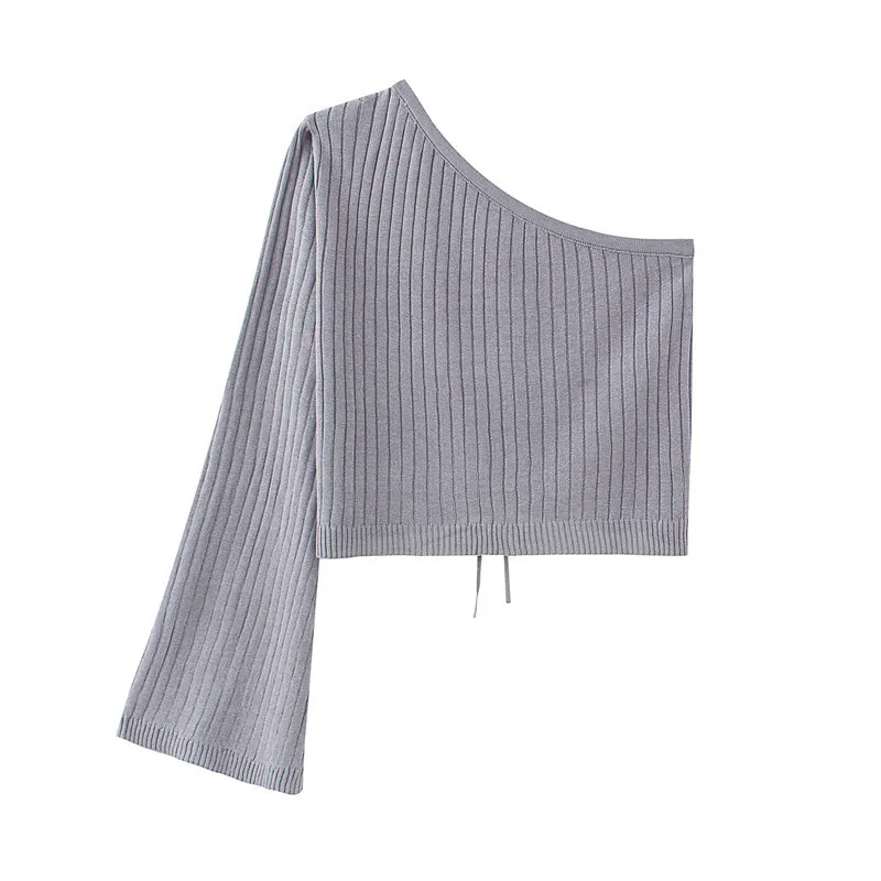 Sexig Drawstring Off Shoulder Kvinnors Stickning Sweater Single Sleeve Vit Pullover Toppar Sommar 210430