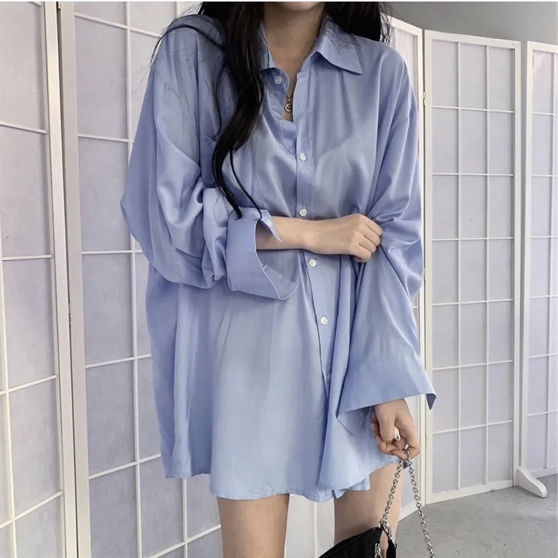 Korea Roupas Chic Lapel Meia Camisa de Oversize Longa Azul Branco Retro Mulher Manga Solta Blusa Casuais BLOUSAS 210429