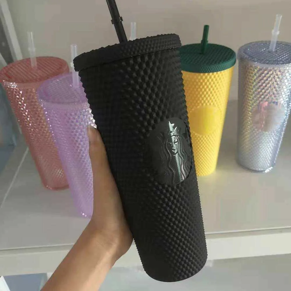 Tumblers 710ml 개인화 된 스타 벅스 컵 무지개 빛나는 블링 무지개 유니콘 스터드 콜드 컵 텀블러 커피 머그와 밀짚으로 1638