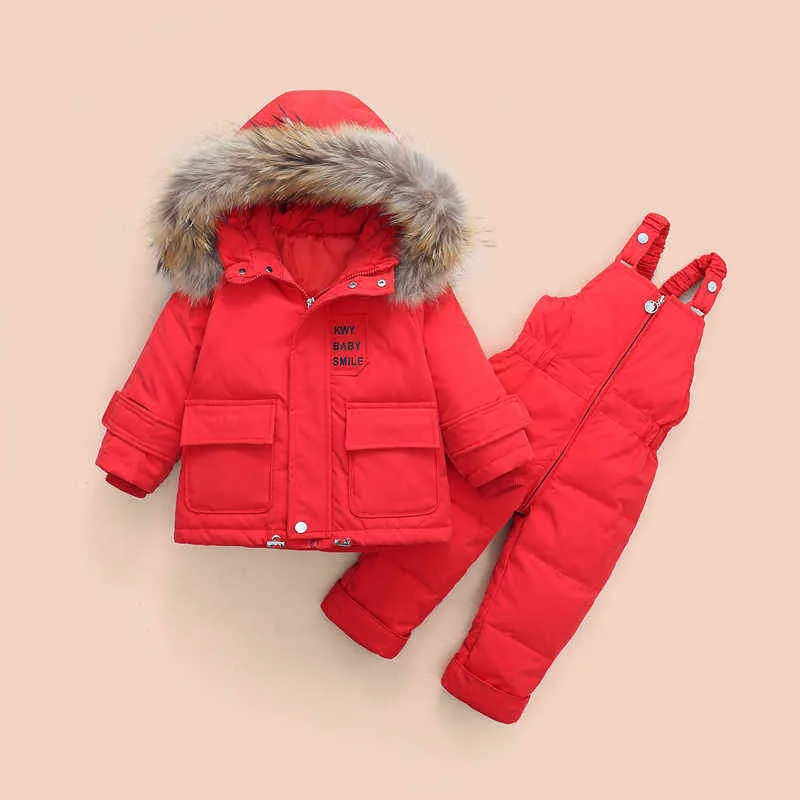 Invierno abajo chaqueta mono bebé niño parka real piel niña ropa niños ropa conjunto niño grueso cálido monos traje de nieve 211203