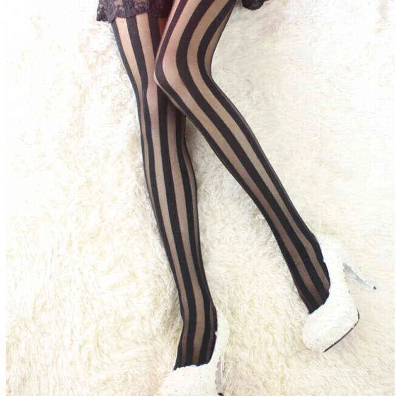 Mulheres Vintage Sexy Black Vertical listras padrão esticada meia-calça fishnet calças meias meias y1119