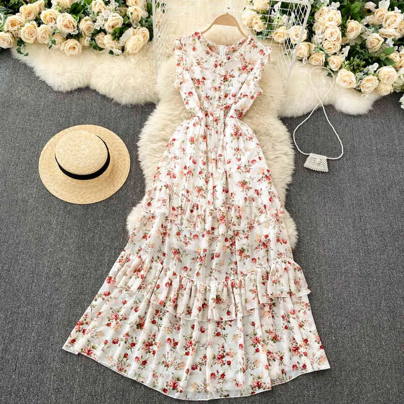 Singreiny Women Ruffle Tiered Dress Fashion O Neck Sem Mangas Floral Vestidos Longos Verão Verão Coreano Impressão De Uma Linha Vestido 210419