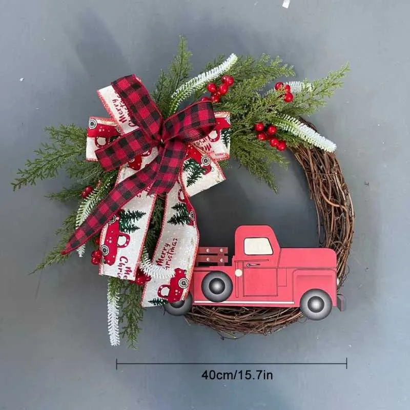 Röd lastbil julkrans rustik fall främre dörr konstgjorda kransar bondgård körsbär med band hängande festlig krans H1020