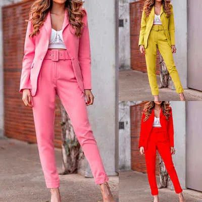 Yiciya Casual Women Pink Suits Office Set Fluorescens Neon Green Suit Crop Top och Pant för Blazer Set 210930