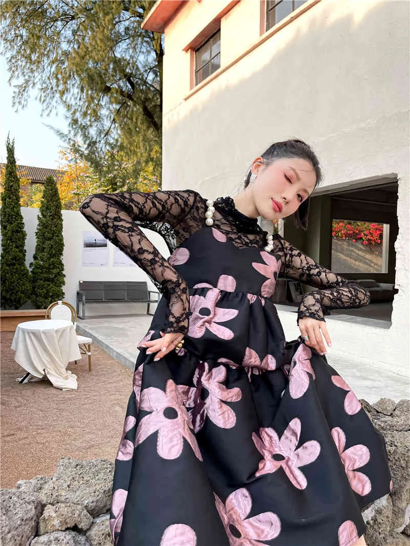 ジャカードパールスパゲッティストラップドレスビンテージ花ブラックピンクロングレディースかわいいカミ韓国のファッション服210427