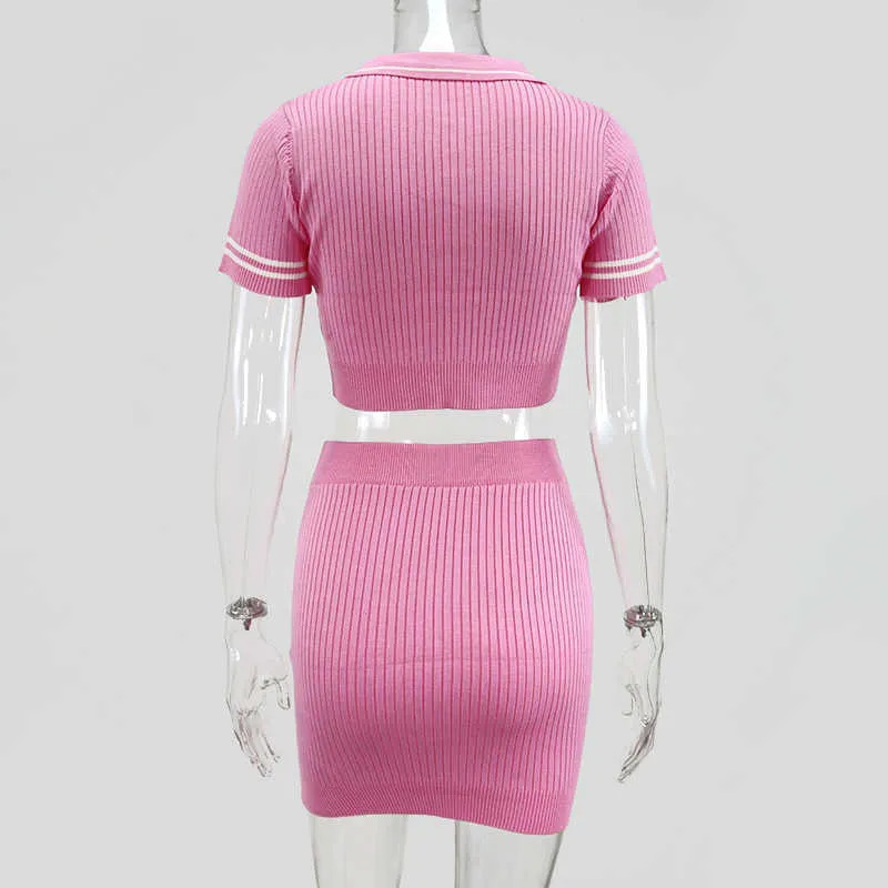 Colysmo Ribbed Stickad Mini Skirt Två Piece Set Kvinnor Kortärmad Crop Top Bodycon Kjolar Blå Sommarkläder 2 210527