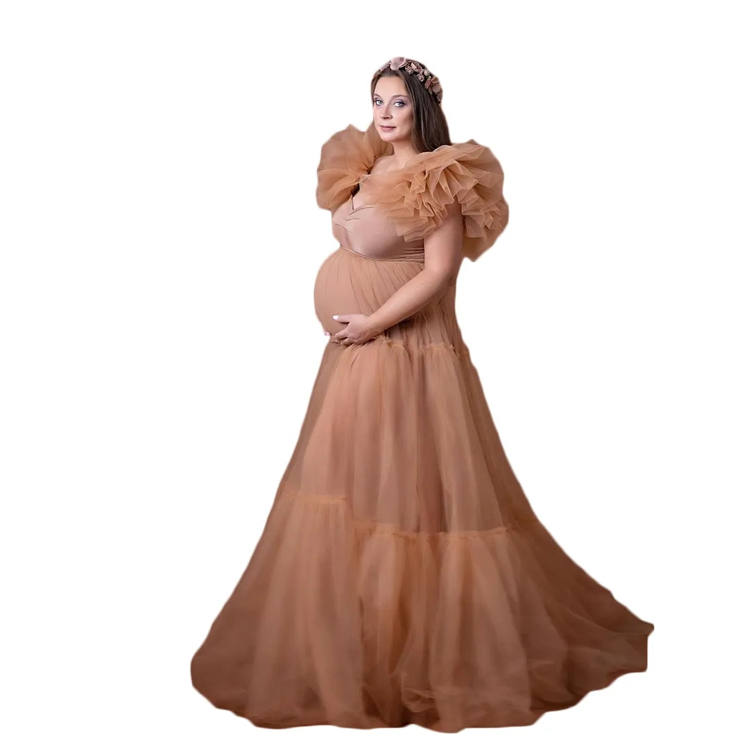 2021 Champagne élégant Plus Taille Dames enceintes Une ligne Robe de nuit Robe de nuit à volants pour Poshoot Lingerie Peignoir Nightwe210S