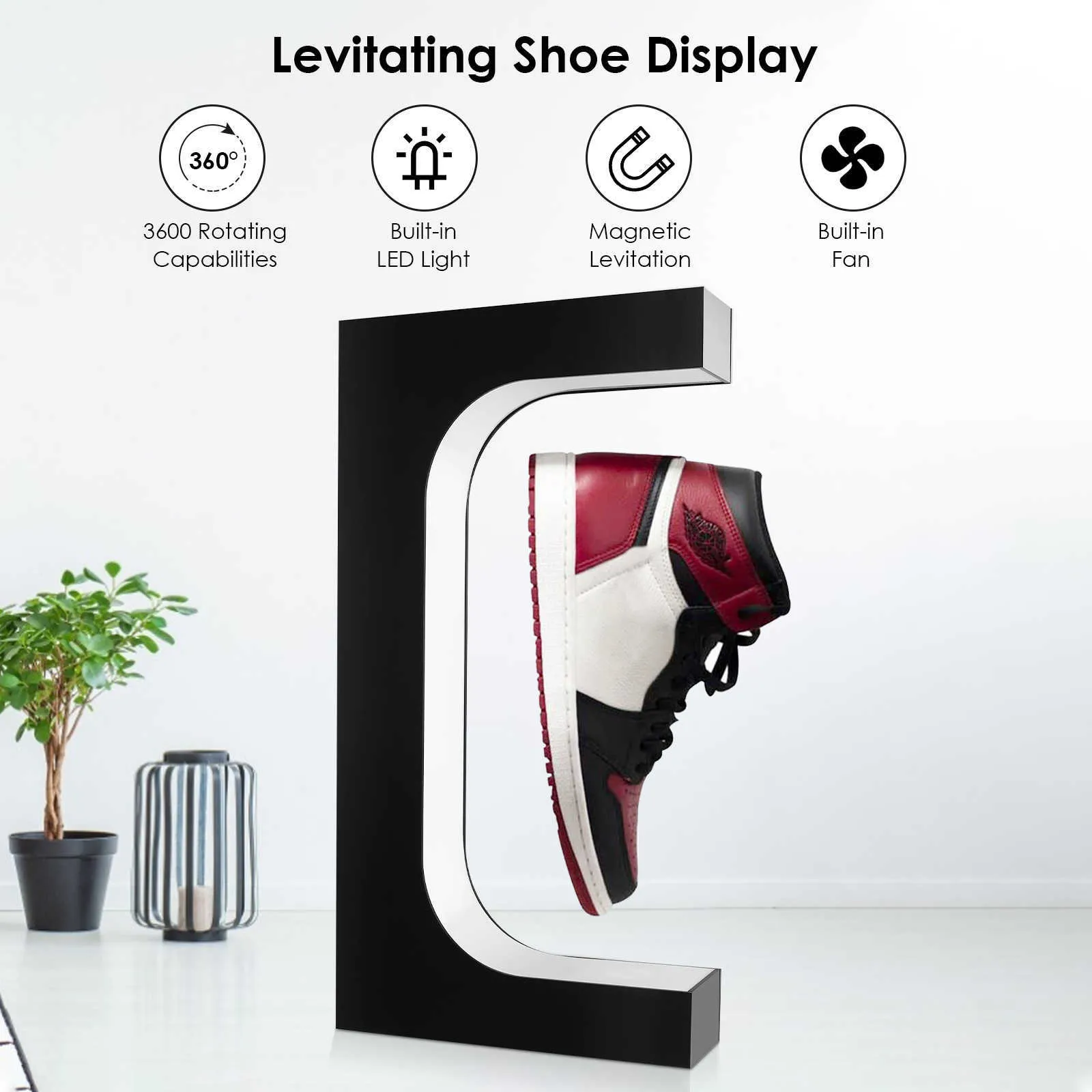 Magnetyczna lewitacja LED Floating Shoe 360 ​​stopni Rotacja stojak na stojak na stojak na sklep domowy Domowe Wyświetlacz buta na stojak 211026