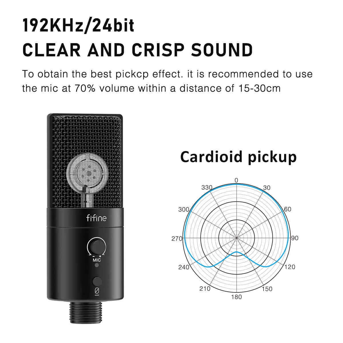 Fifine 192kHz / 24bit USBTYPE-C Mikrofon med Mute Button Gain Control Condenser PC Mic CardioID Studio Recording-K683A