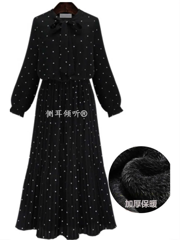Primavera e outono sul coreano manga comprida vestido de bolinhas impressão recolhida cintura plissada floral mulheres elegante 210615