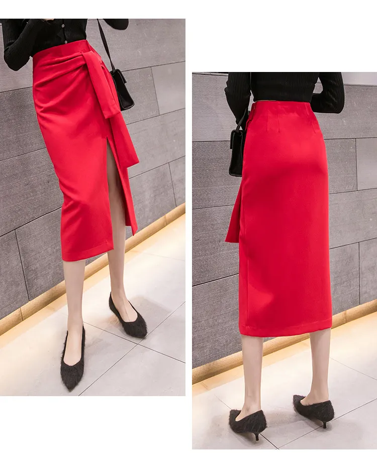 Summer Elegant Front Split Women Sheath Midi Skirts Sashes Korean OL Style High Waist A-Line Wrap Ladies 210428