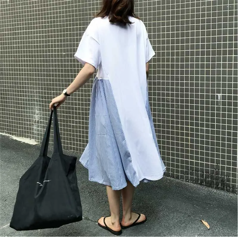 Lente en zomer Koreaanse mode casual losse jurk gestreept stiksels eenvoudige korte mouwen ronde hals dames 210615