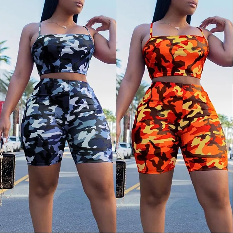 Camuflagem Impressão Casual Dois Peça Set Crop Top e Calças Verão Curto Tracksuit Mulheres Sexy Bodycon Romper X0428