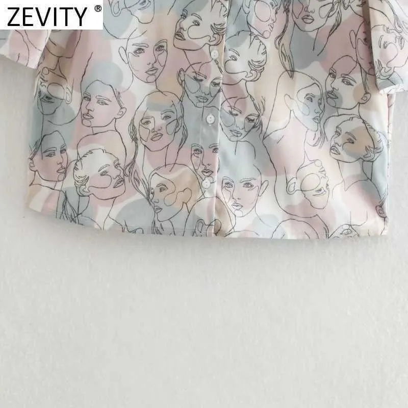 Zevity Femmes Mode Portrait abstrait Imprimer Chemisier à poitrine Office Lady Flare Manches Chemises décontractées Chic Chemise Tops LS9135 210603