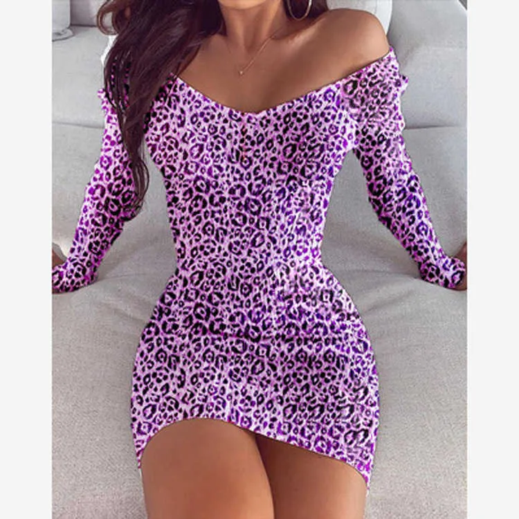 Kvinnor höst sexig v nacke mini klänning avslappnad långärmad leopard print dam penna mode kvinnlig bodycon party club es 210526