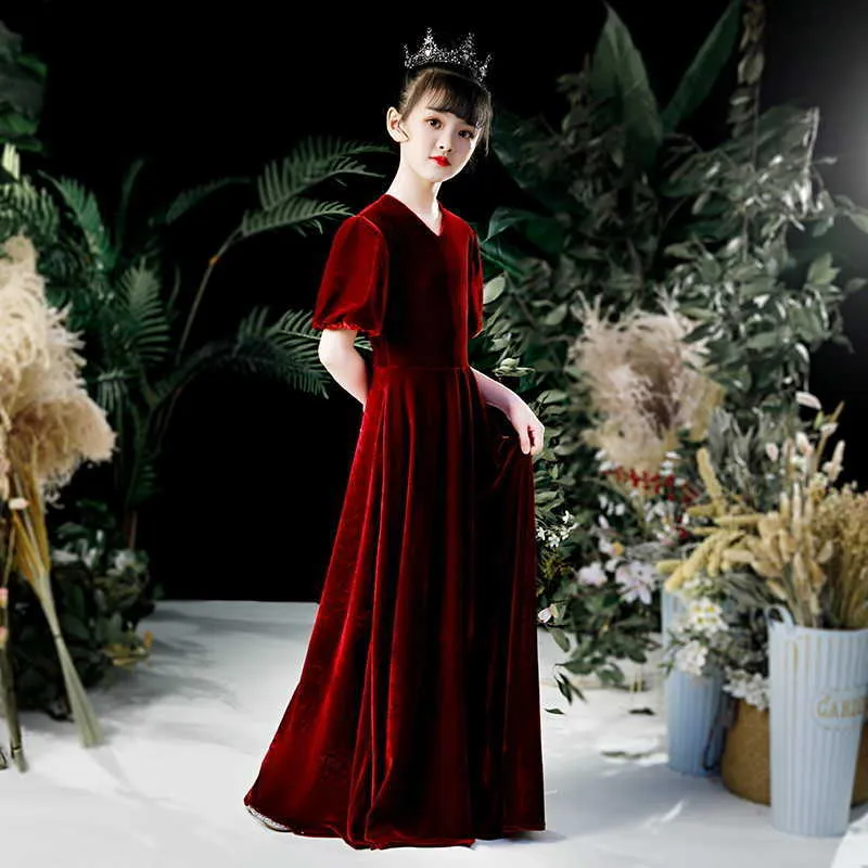 Blomma flicka lång klänning höst vinter vin röd sammet visa prinsessans fest piano prestanda kläder för tb001 210610