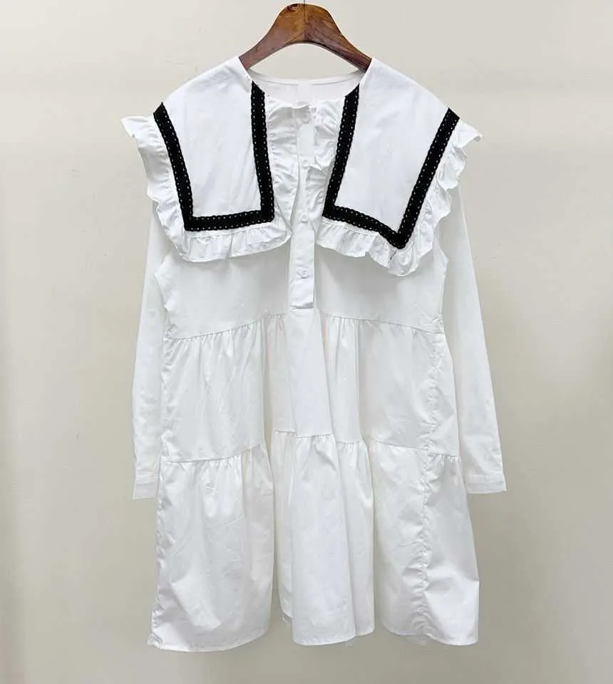 Gevşek Beyaz Puf Uzun Kollu Sailor Yaka Elbise Kadınlar Mini Rahat Kontrast Bebek Vestido Feminino Moda Büyük Salıncak Japonya Preppy 210610