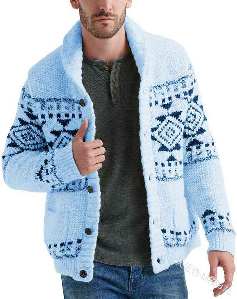 Mens Knitted Sweater Coat Geometric Print Autumn Arrivals Button Cardigan Fashion Classic Sweater Daily Casual Mens Clothes 211221