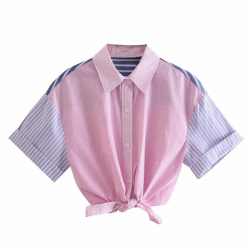 ZA 셔츠 여성 짧은 소매 자른 핑크 탑 세련 된 매듭 밑단 스트라이프 여름 블라우스 여자 pleat 단추 패치 워크 셔츠 210602