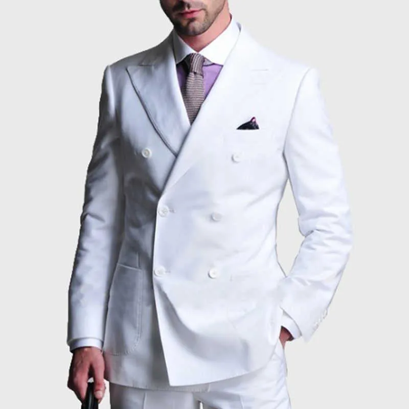 Double Breasted White Men Suits Slim Fit voor Bruiloft Diner 2 stuks Bruidegom Tuxedo Mannelijke mode-jas met broek 2021 x0909