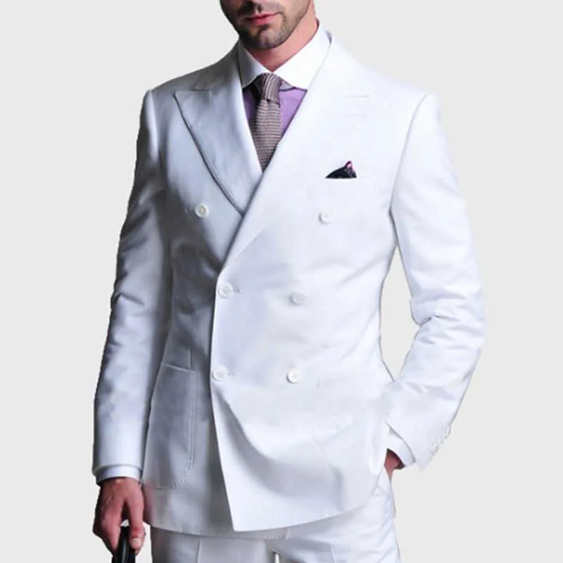 Zweireiher Weiße Männer Anzüge Slim Fit für Hochzeit Party Abendessen 2 Stück Bräutigam Smoking Männliche Mode Jacke mit Hosen 2021 X0909
