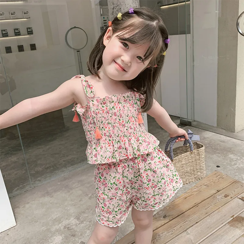 Süße Mädchen Kleidung Set Sommer Baby Blumen Sling Top mit Shorts Kinder Mode Niedlichen Zweiteiligen Anzug 210515